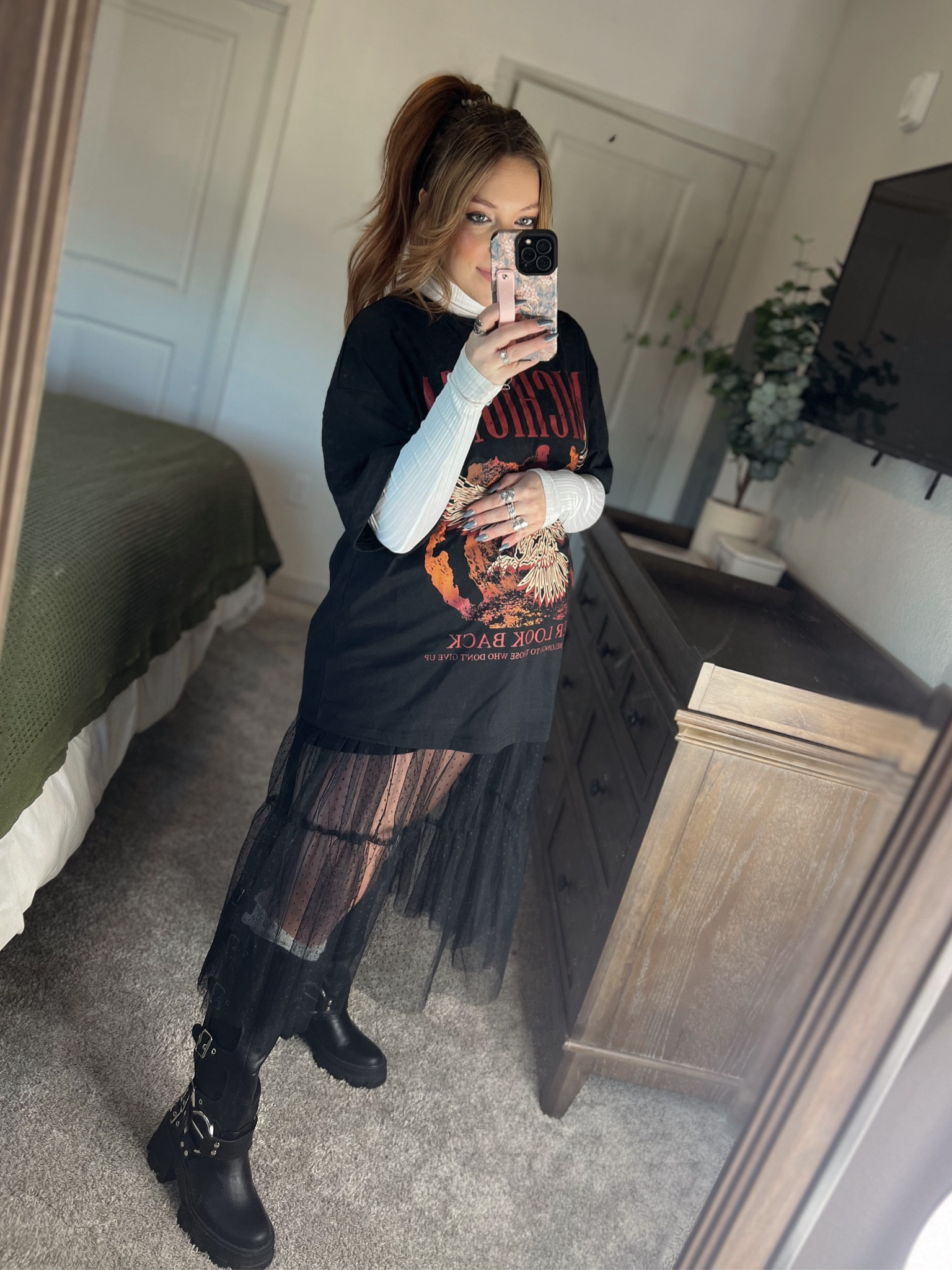 OOTD - Oversized graphic T - Mesh Dress - Lace Dress - Long sleeve turtleneck - Black buckle boots - Alternative Outfit

#LTKbump #LTKshoecrush #LTKstyletip