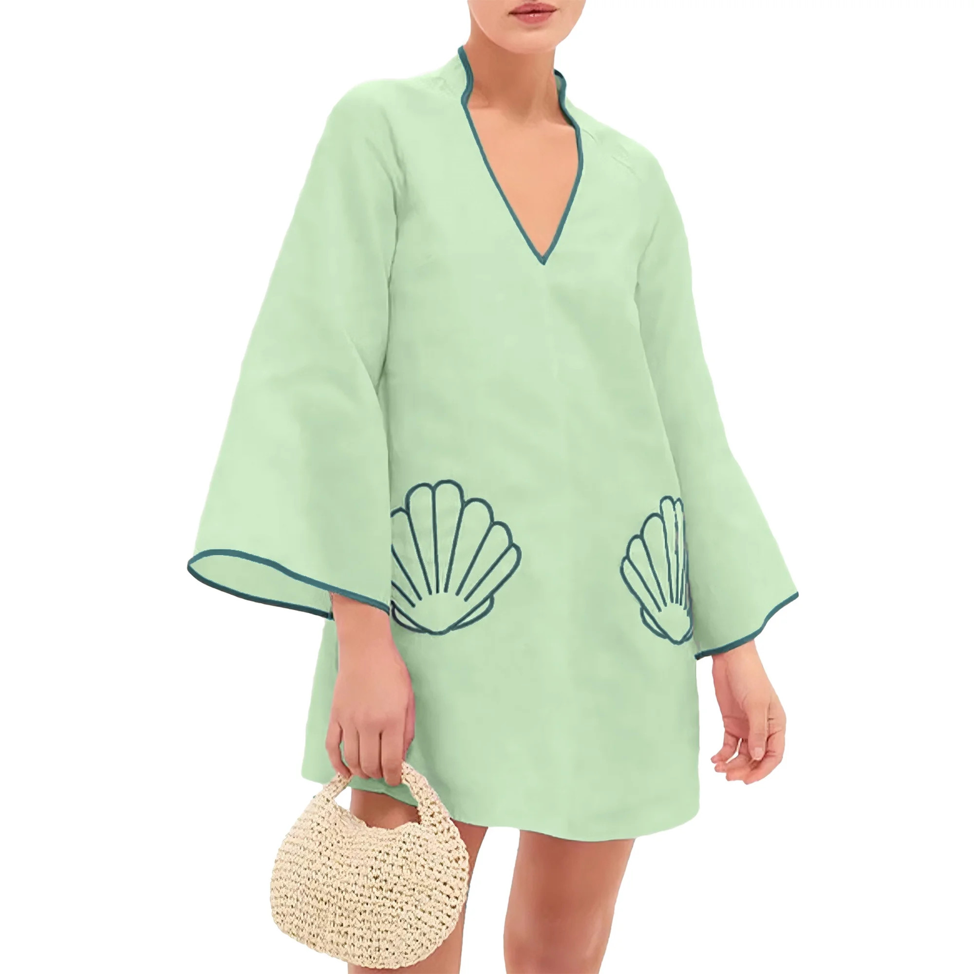 Czanzd Women's V-Neck Babydoll Mini Dress 3/4 Sleeve Loose Fit Summer Cover Up with Shell Embroid... | Walmart (US)