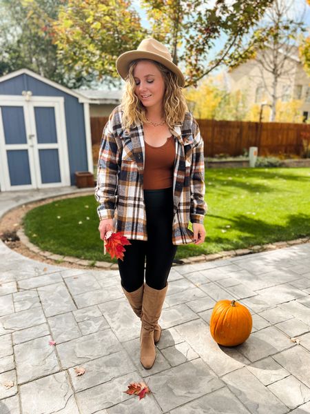 Fall outfit, autumn outfit, thanksgiving day outfit, pumpkin patch, shacket, plaid button up shirt, plaid shacket outfit, faux leather leggings, knee high boots #LTKfall 

#LTKshoecrush #LTKSeasonal #LTKunder50 #LTKstyletip
