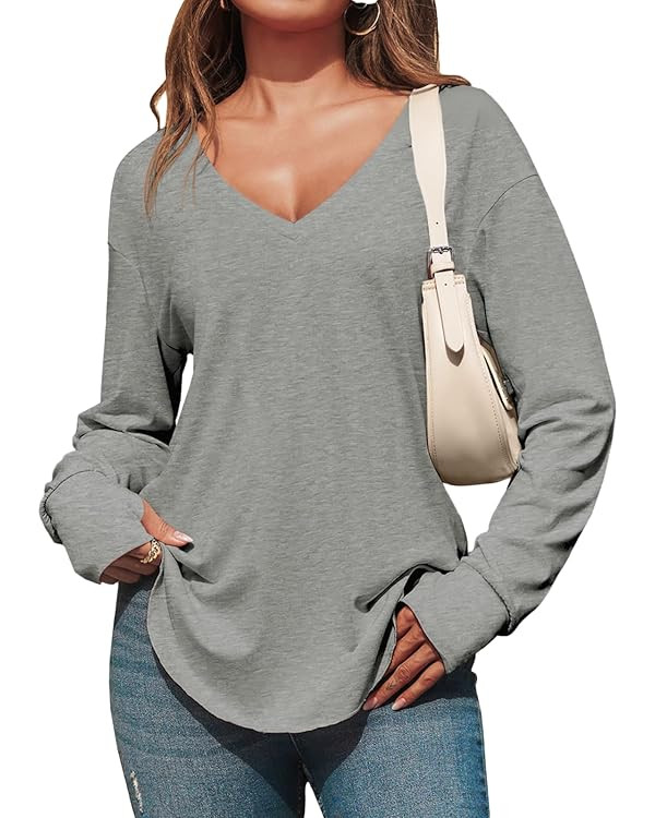 Tankaneo Womens Deep V Neck Tunic Tops Long Sleeve Oversized Casual Loose Fit Curved Hem T Shirts | Amazon (US)