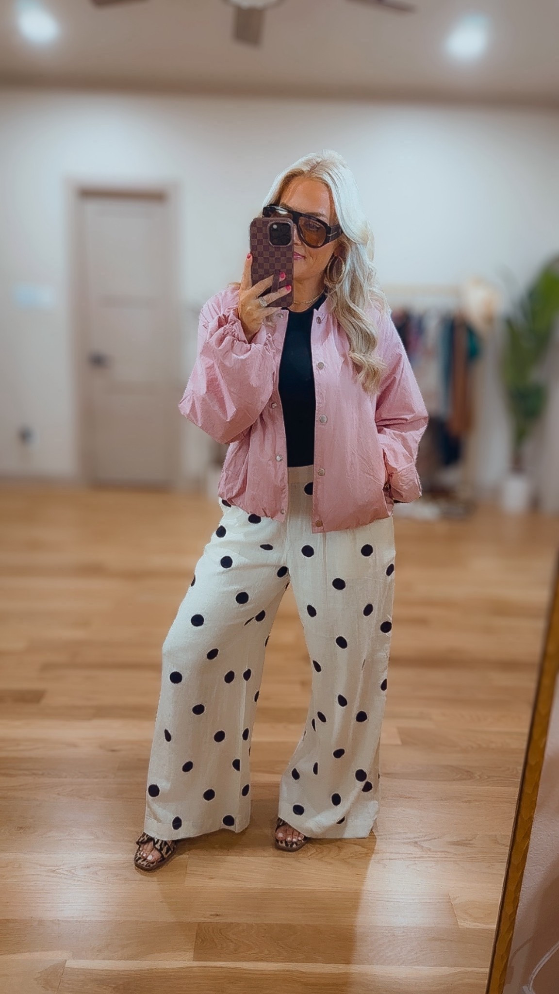 Target spring new arrivals , love this outfit for teachers too! 
Polka dot pants - small 
Pink bomber jacket - medium 