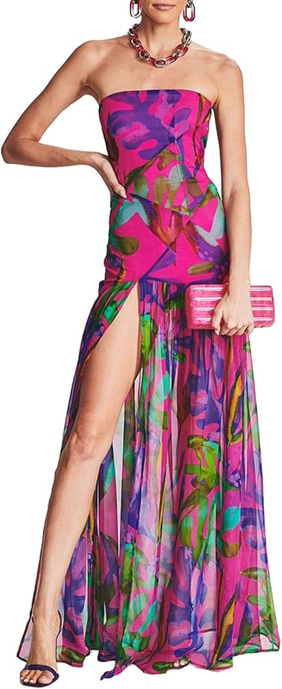 Womens Strapless Maxi Dress Slim High Slit Mesh Long Dress Sexy Party Club Night Out Dress 2024 S... | Amazon (US)