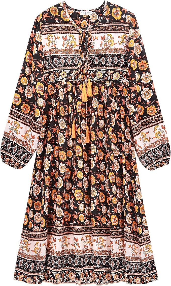 R.Vivimos Women's Long Sleeve Floral Print Retro V Neck Tassel Bohemian Midi Dresses | Amazon (US)