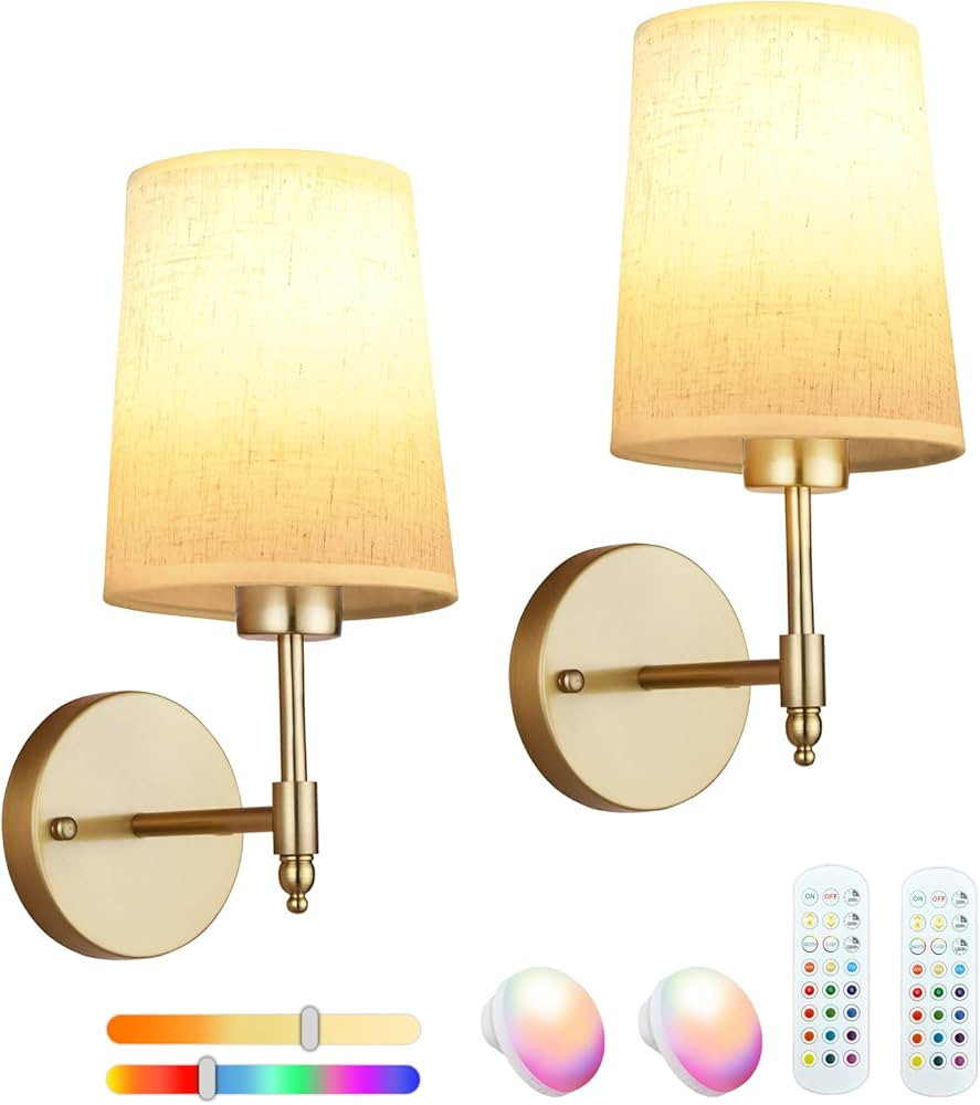 Battery Operated Wall Sconce Set of 2,Gold Wireless Rechargeable Wall Lamp,Fabric Shade Wall Ligh... | Amazon (US)