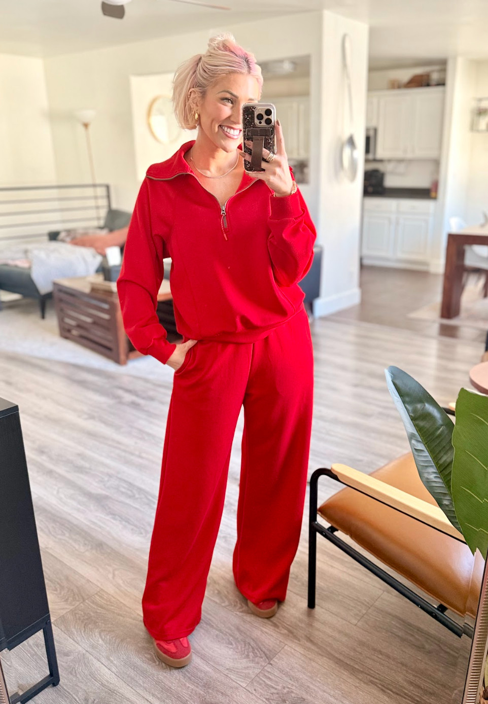 Feeling cozy and stylish in this red tracksuit! Perfect for running errands!! Set: Medium Shoes: TTS 

 #LTKootd #LTKSaleAlert #LTKFindsUnder50