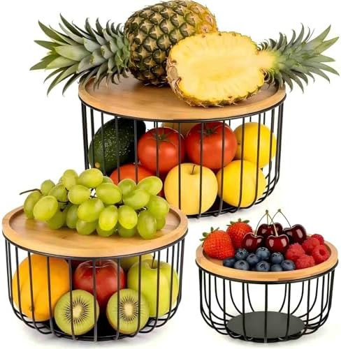 3-Piece Stackable Mesh Fruit Baskets with Bamboo Lid – Space-Saving Kitchen Storage, Decorative... | Amazon (US)