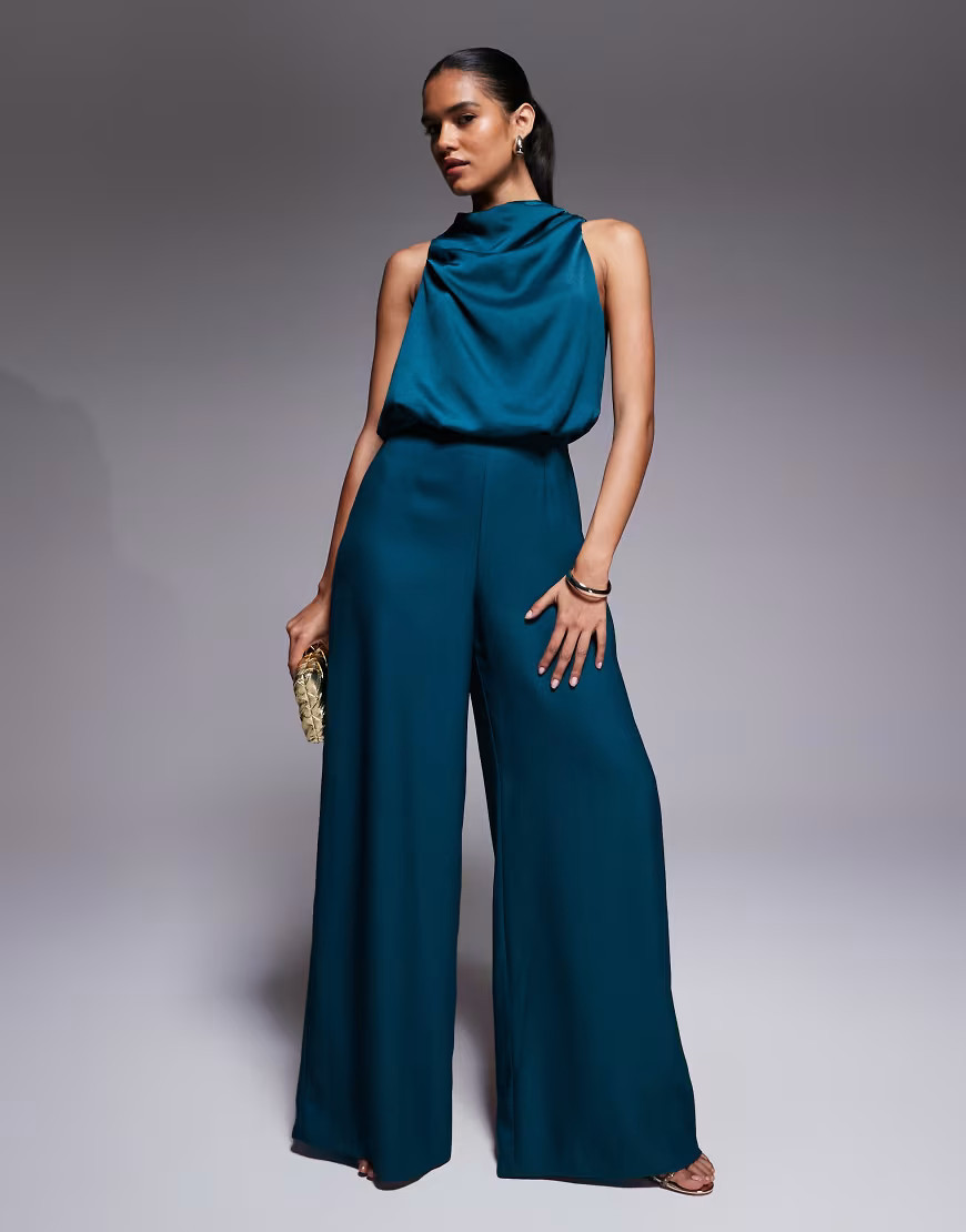 ASOS DESIGN cowl neck jumpsuit with satin bodice in deep teal-Green | ASOS (Global)