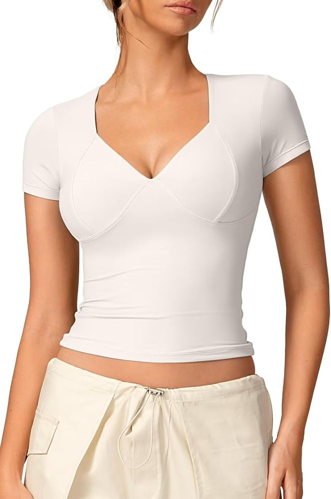 Vertvie Women's Double Lined Short Sleeve Top V Neck Slim Fit T Shirts Cute Summer Basic Tees Y2K... | Amazon (US)