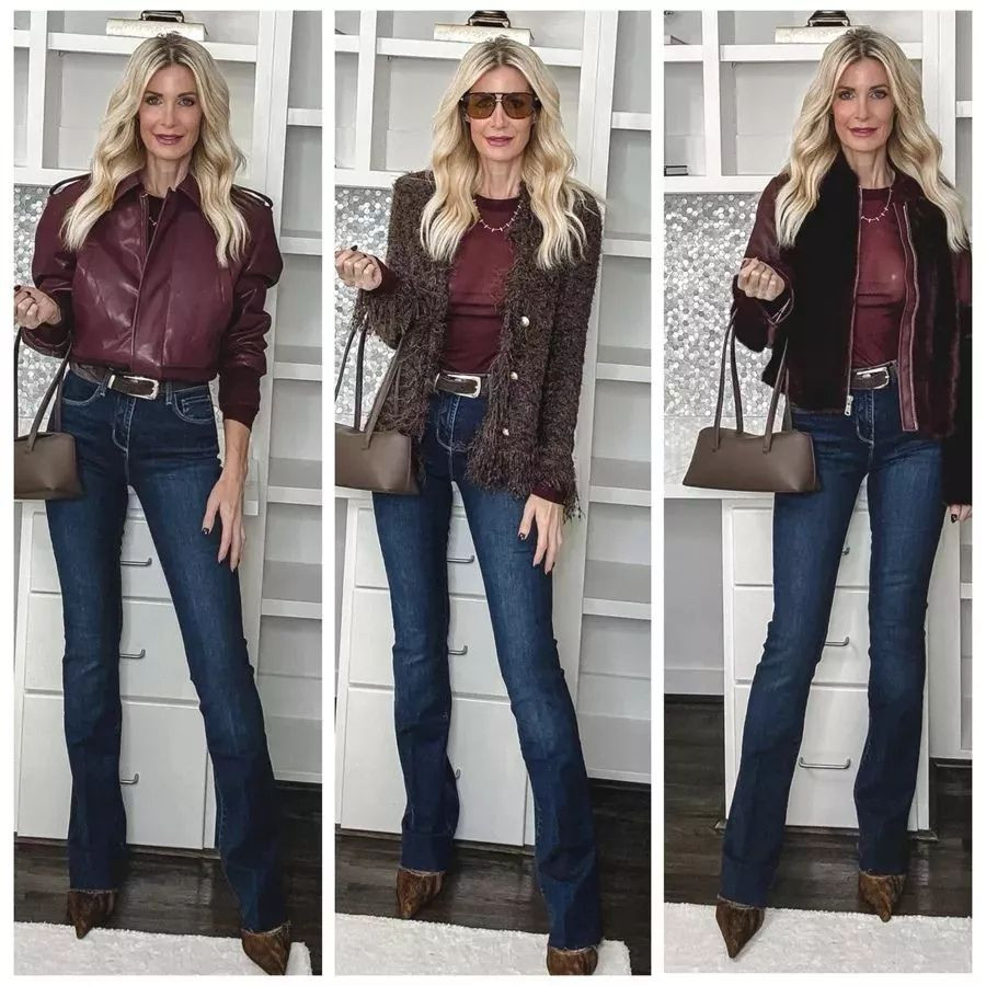 Nordstrom Rack haul ✨✨✨ I’m sharing three fabulous looks, all styled with the most incredibly slimming dark wash L’Agence jeans. These are high-waisted, straight leg, with a floor-skimming hemline and honestly… perfection. They have just the right amount of stretch so they’re super comfortable, yet they still hug your curves in all the right places. I’m obsessed with this dark wash. Look 1: A beautiful burgundy faux leather bomber jacket. I love wearing it zipped and slightly tucked under—such a rich, elevated color. Look 2: This amazing chocolate brown fringe L’Agence cardigan with luxe gold buttons. So chic and instantly pulls the whole look together. Look 3: A stunning burgundy faux fur jacket that is a total statement maker. Dramatic, cozy, and so good for winter 🤍 Everything runs true to size. I’m wearing a size 24 in the jeans and a size XS in all the jackets. Tell me—which look is your favorite: 1, 2, or 3? 

 

#LTKootd #LTKOver40 #LTKFindsUnder100