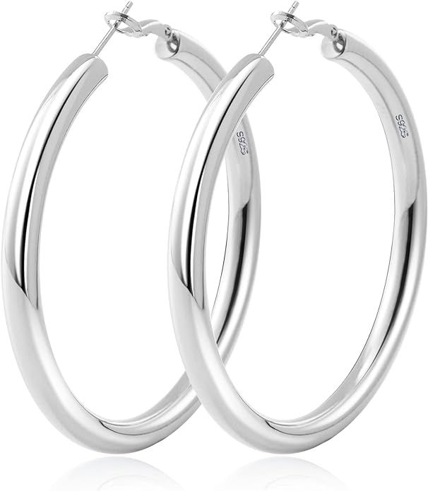 JEEJPV Thick Silver Hoop Earrings S925 Sterling Silver Earrings Hoops Chunky Silver Hoops Hollow ... | Amazon (US)