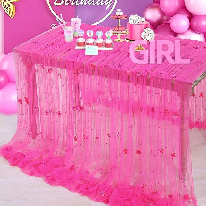 LuoluoHouse Flower Pearl Tulle Table Cloth: 3 Pieces 60x120 Inch Hot Pink Lace Table Runner Flowe... | Amazon (US)