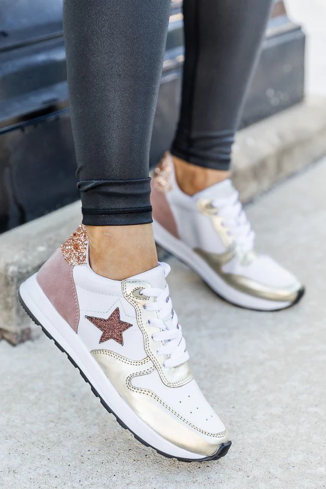 Jennifer Rose Gold and White Sparkle Star Sneakers | Pink Lily