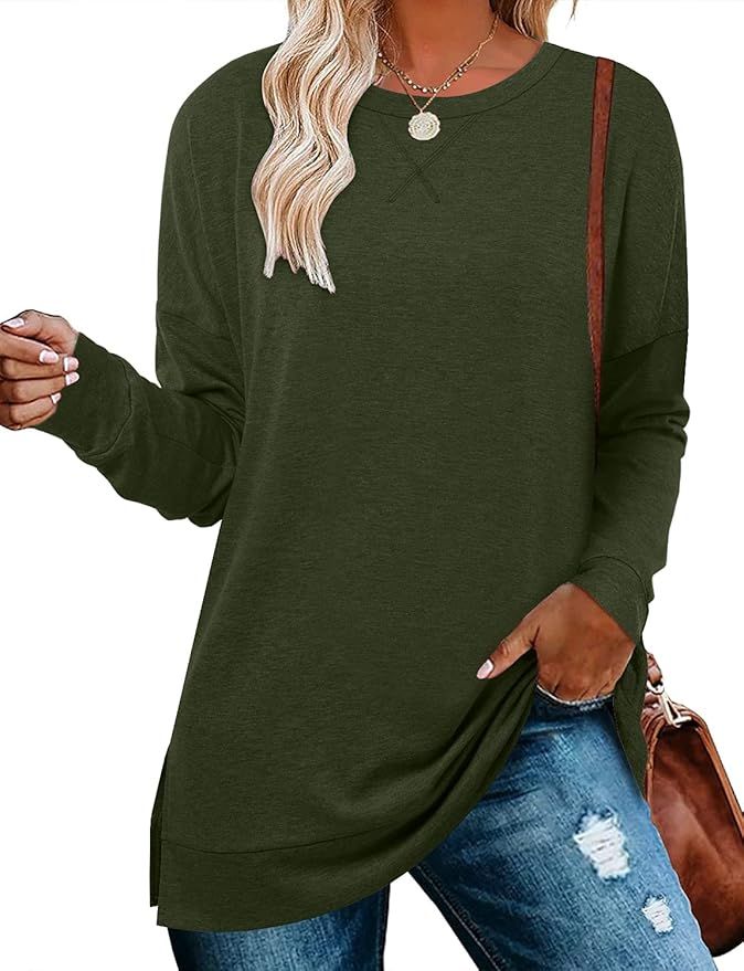 BETTE BOUTIK Women's Drop Long Sleeve Sweatshirt Tops Casual Crewneck Tunic Sweartshirts With Sid... | Amazon (US)