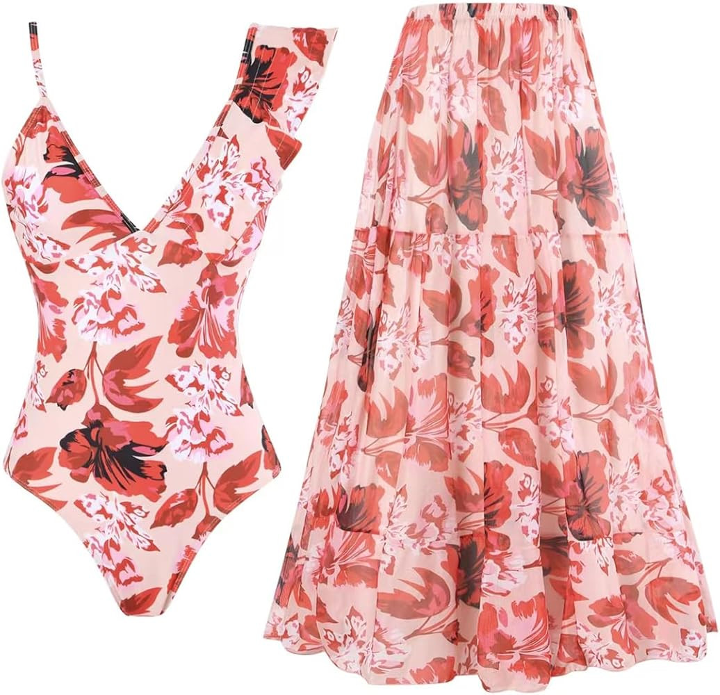 OBEEII One Piece Swimsuit with Cover up for Women Retro Floral Tummy Control Bikini Chiffon Wrap ... | Amazon (US)