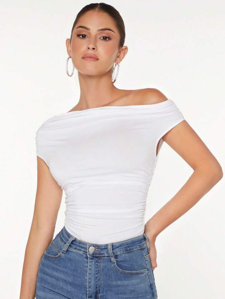 SHEIN BAE Solid Asymmetrical Neck Ruched Tee | SHEIN