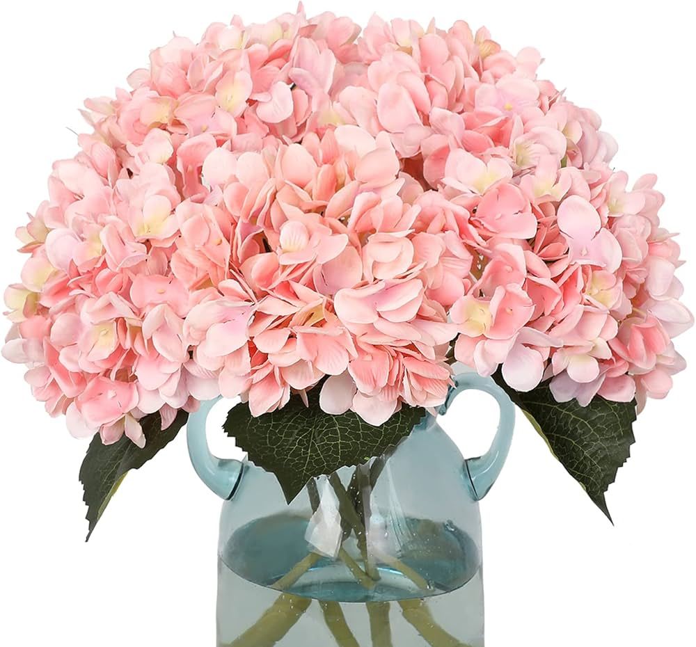 Tifuly 5PCS Pink Hydrangea Artificial Flowers Realistic 18.5In Single Long Stem Faux Silk Hydrang... | Amazon (US)