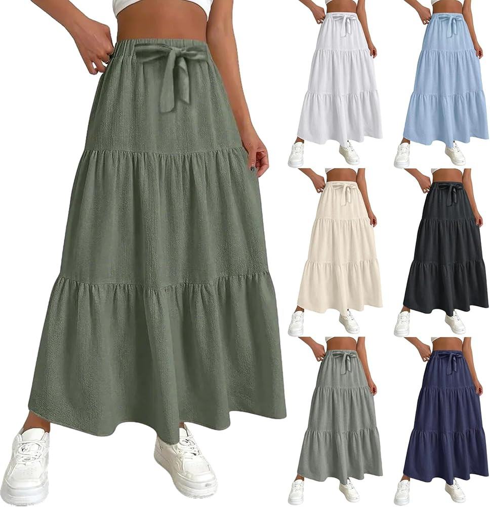 Linen Maxi Skirts for Women 2025 Summer Boho Long Flowy Skirt Bow Tie Elastic Waist Tiered Swing ... | Amazon (US)