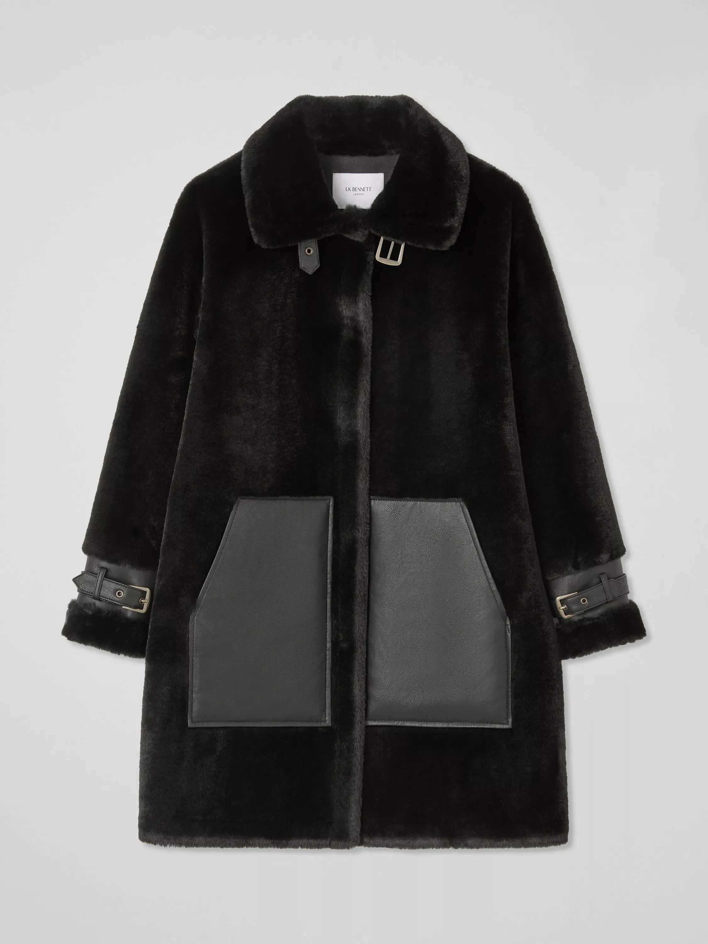 L.K.Bennett Mirren Faux Fur & Leather Strap Coat, Black | John Lewis (UK)