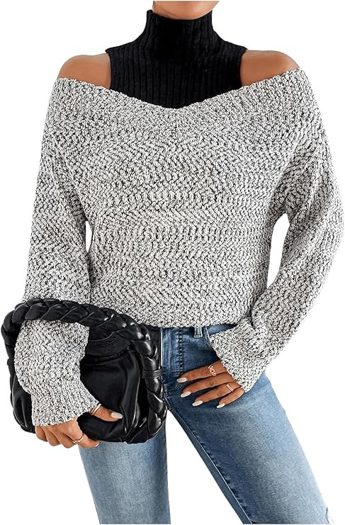 MakeMeChic Women's Oversized Sweaters Fall Fashion 2024 Long Sleeve Turtleneck Knit Cold Shoulder... | Amazon (US)