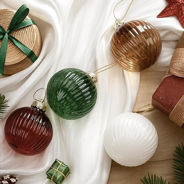 12 Pcs Rustic Farmhouse Christmas Glass Ball Ornaments 2.36" Neutral Ribbed Glass Ball Ornaments ... | Amazon (US)