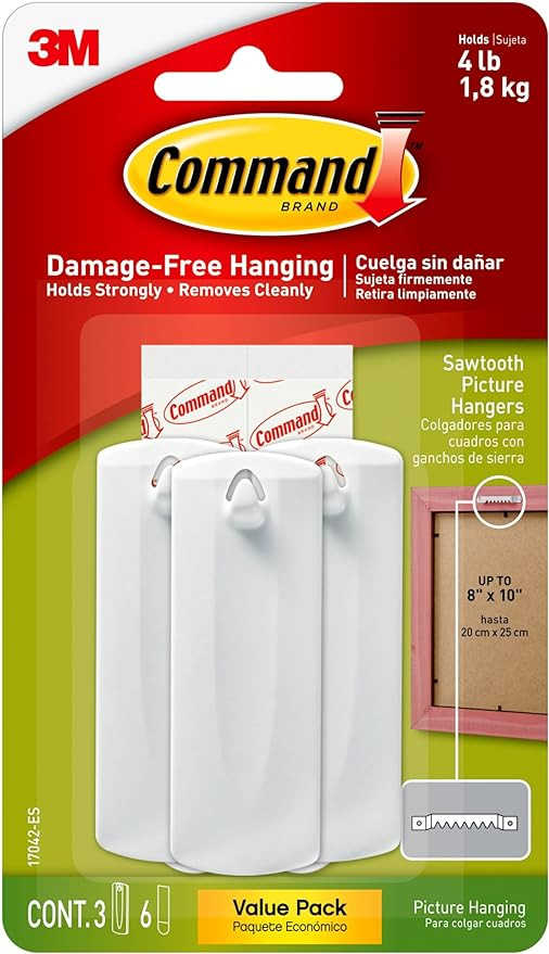 Command Wire-Back Sawtooth Frame Hangers, Holds up to 5 lbs, 3 Singulars Hangers, 6 strips, Decor... | Amazon (UK)
