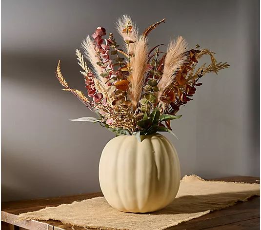 Barbara King 21" Harvest Faux Floral Arrangement w/ Pumpkin Base - QVC.com | QVC