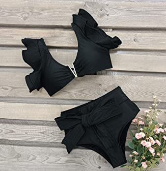 SPORLIKE Women Ruffle High Waist Swimsuit Two Pieces Push Up Tropical Print Bikini | Amazon (US)