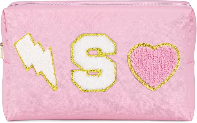 TOPEAST Personalized Preppy Makeup Bag Initial Chenille Letter Patch Makeup Bag Pouch PU Leather ... | Amazon (US)