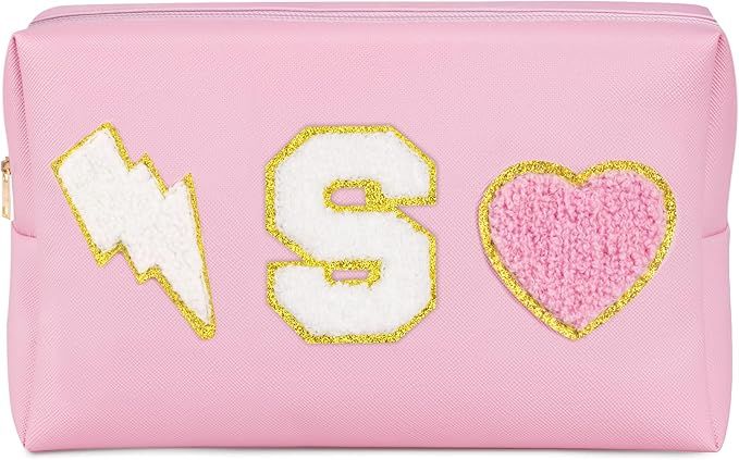 TOPEAST Personalized Preppy Makeup Bag Initial Chenille Letter Patch Makeup Bag Pouch PU Leather ... | Amazon (US)