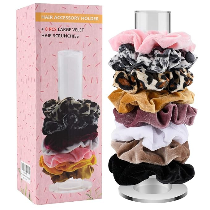Scrunchie Holder Stands with 8 Pack Large Size Scrunchies - Acrylic Hair Ties Organizer for Teena... | Amazon (US)