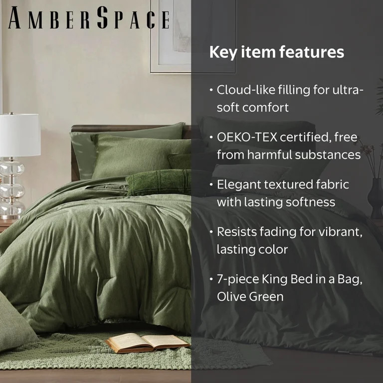 Amberspace Cationic Dyeing 7-piece Bed in a Bag Comforter Set with Sheets,Olive Green,King | Walmart (US)