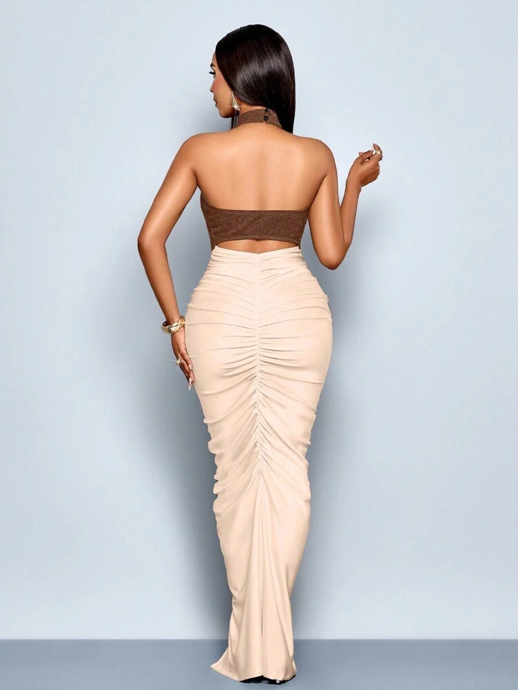 SOLERSUN Casual Color Block Ruched Halter Neck Fitted Maxi Dresses For Women | SHEIN