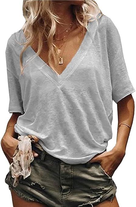 Vdnerjg Women's Deep V Neck Basic T Shirts Short Sleeve Solid Color Summer Casual Loose Cotton Te... | Amazon (US)