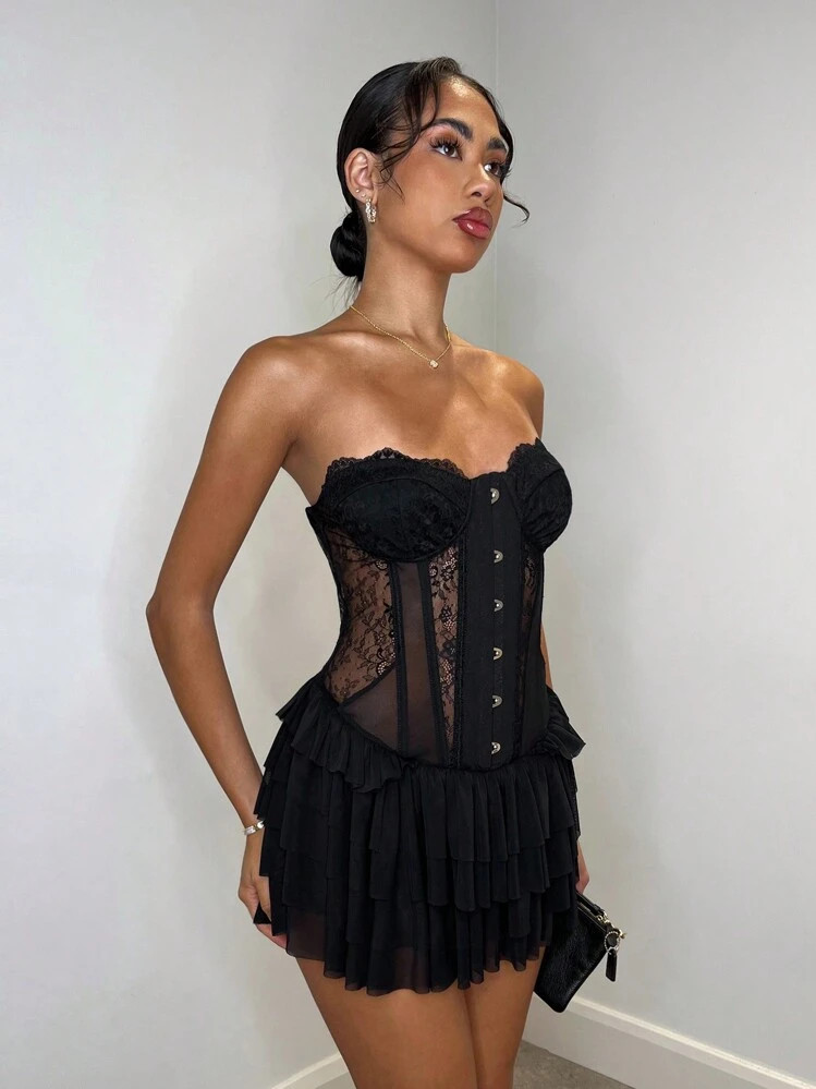 SHEIN BAE Women's Elegant Tube Top Lace Stitching Multi-Layered Lotus Leaf Hem Black Corset Top P... | SHEIN