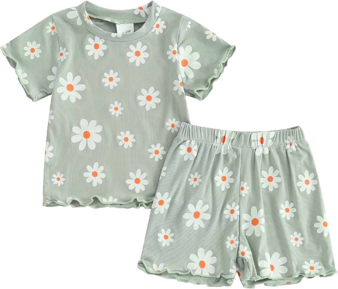 Baby Girl Floral Outfit Summer Short Sleeve T-Shirt and Shorts Set Toddler Girl Casual Clothes | Amazon (US)