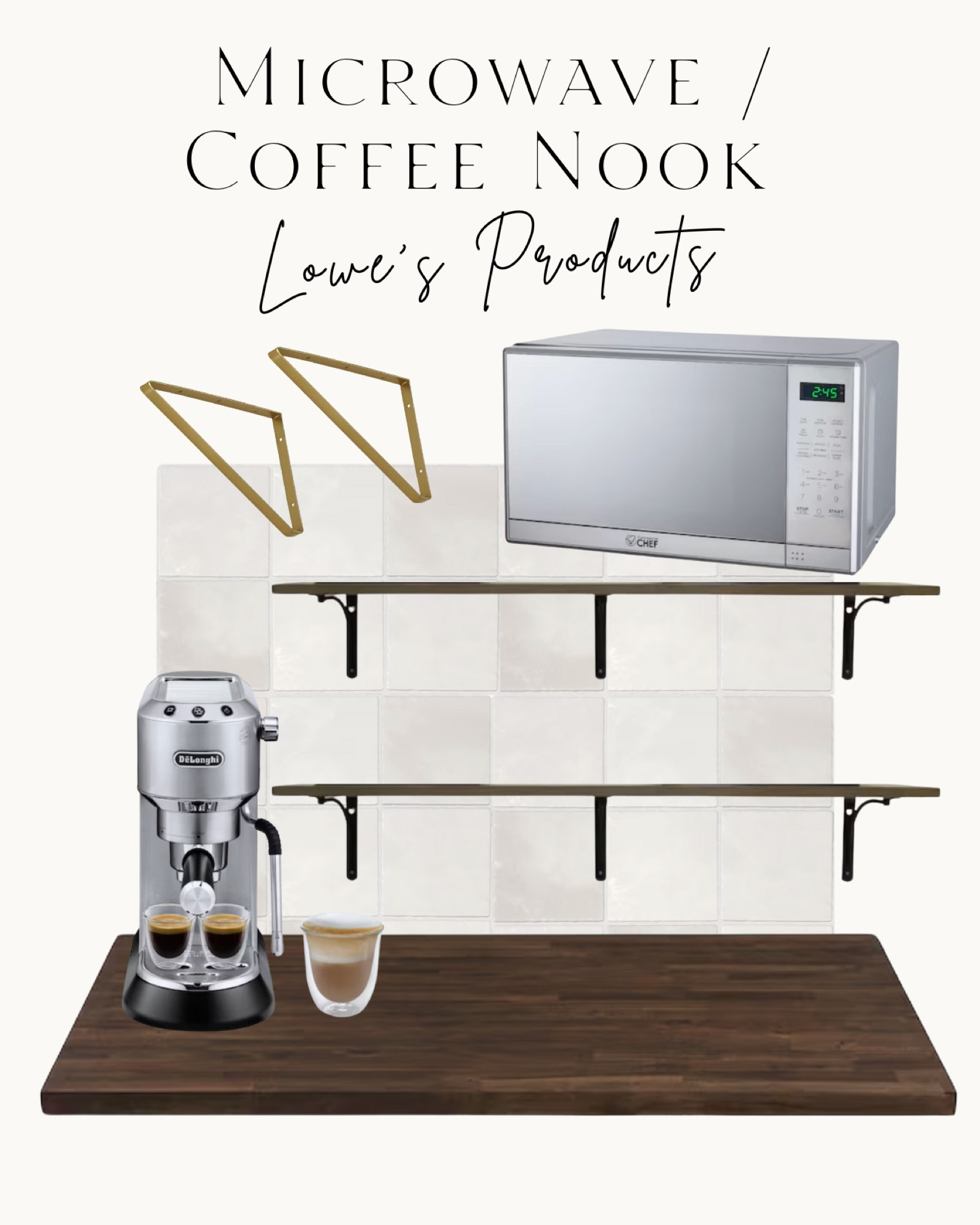 Creating a coffe bar / microwave nook in my kitchen with all Lowe’s products #ad Shop the look! Zellige backsplash tile // small microwave // wood-look shelves // gold shelf brackets // butcher block countertop // espresso machine #lowespartner

#LTKHome