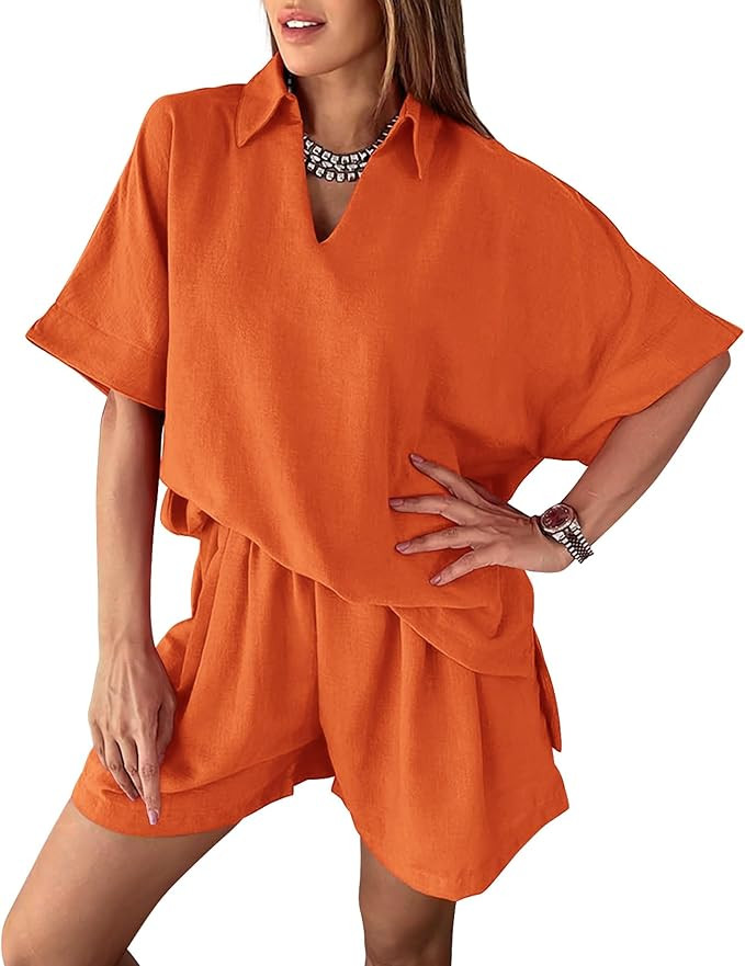 Amkoyam Women's Summer 2 Piece Outfits Casual V Neck Short Sleeve Tops High Waisted Shorts Tracks... | Amazon (US)