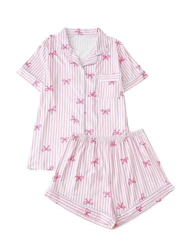 BEAUDRM Women's 2 Piece Pajama Sets Shell Print Short Sleeve Sleepwear Button Down Shirt and Bow ... | Amazon (US)