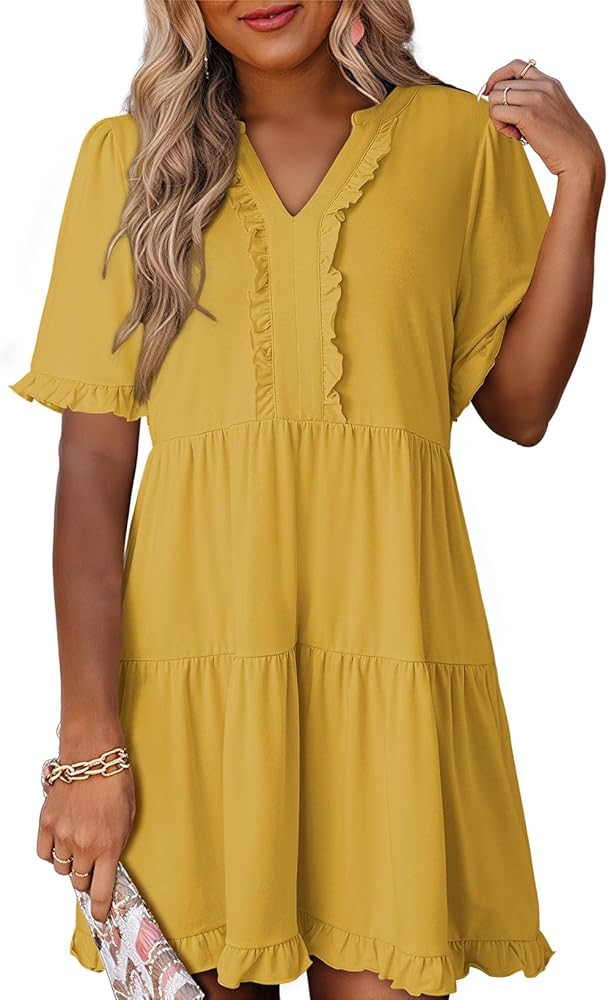 Dokotoo Women's V Neck Short Sleeve Tiered Ruffle Mini Skater Dress Casual Summer Swing Tunic Dre... | Amazon (US)