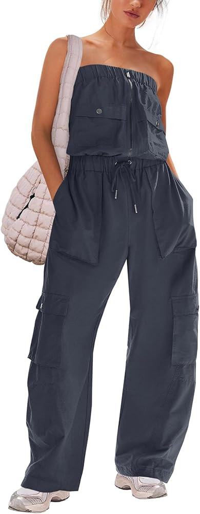 LAMISSCHE Womens Strapless Jumpsuits Cargo Pants Jumpsuits Off The Shoulder Tube Rompers One Piec... | Amazon (US)