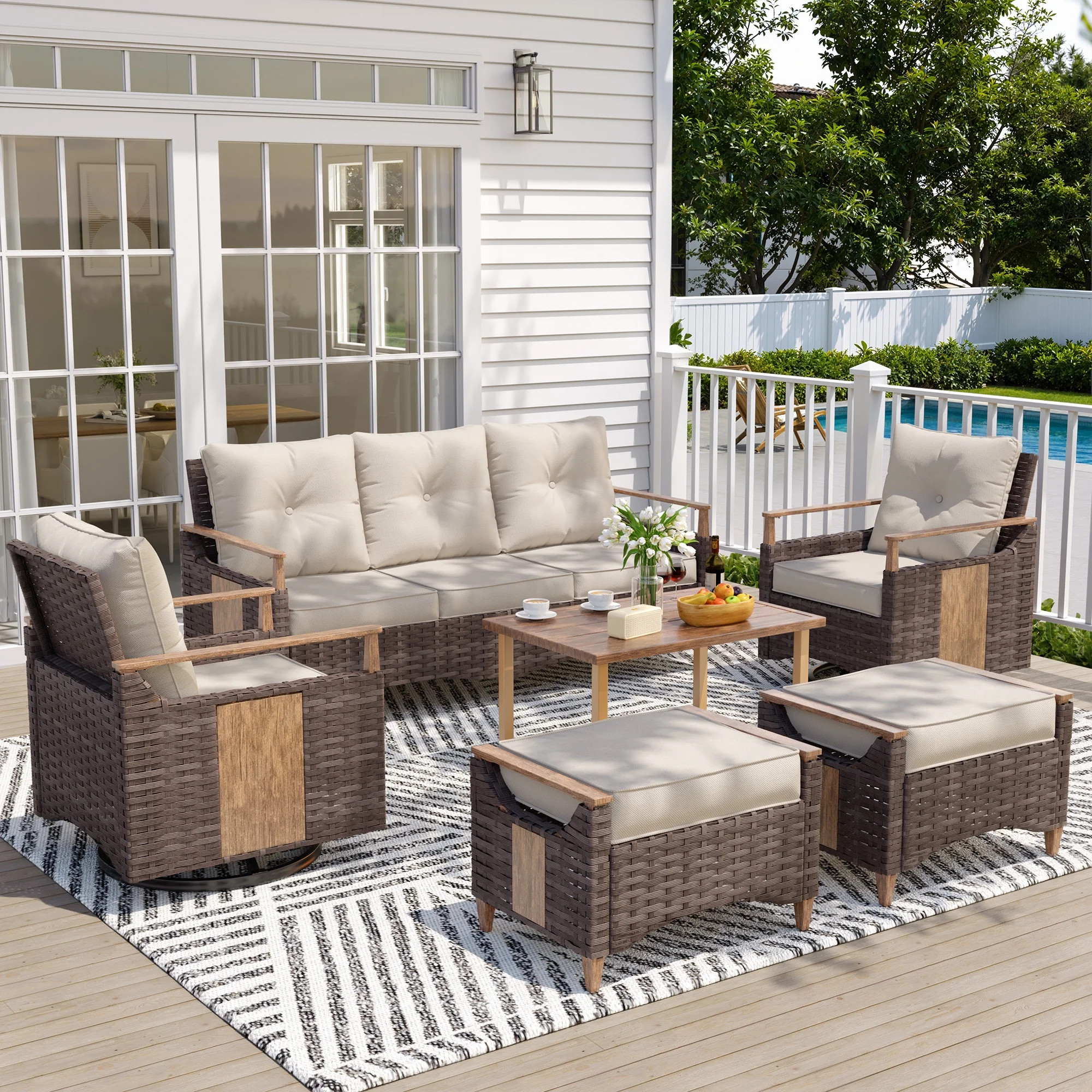 NestNook 6-Piece Outdoor Conversation Set with 2 Swivel Rocker Chairs, 3-Seat Sofa, 2 Ottomans, A... | Walmart (US)