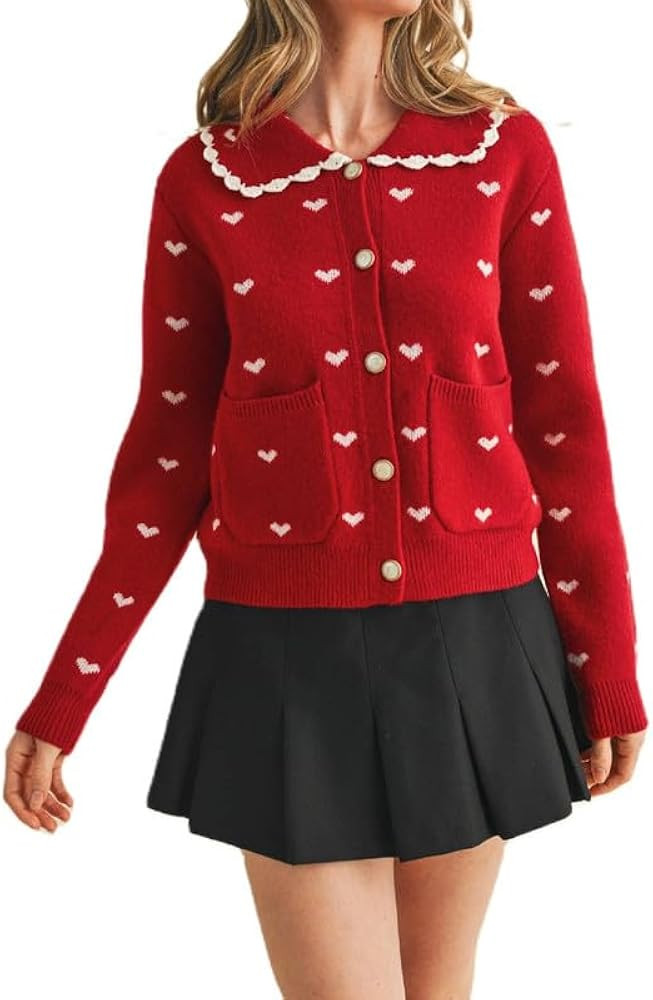 Women Valentine’s Day Heart Sweater Cardigan Cute Long Sleeve Open Front Knitted Outwear Holida... | Amazon (US)