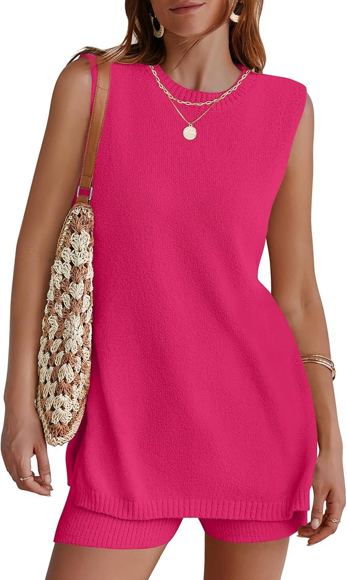 NENONA Women's Summer Sleeveless Sweater Lounge Sets Casual Loose Fit Tunic Tops and Shorts 2 Pie... | Amazon (US)