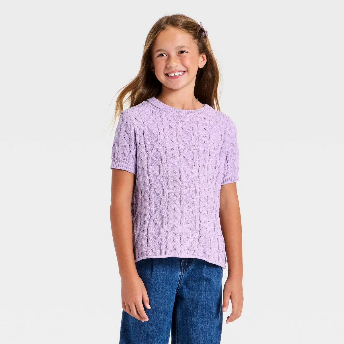Girls' Short Sleeve Cable Knit Pullover Sweater - Cat & Jack™ Lavender XS | Target