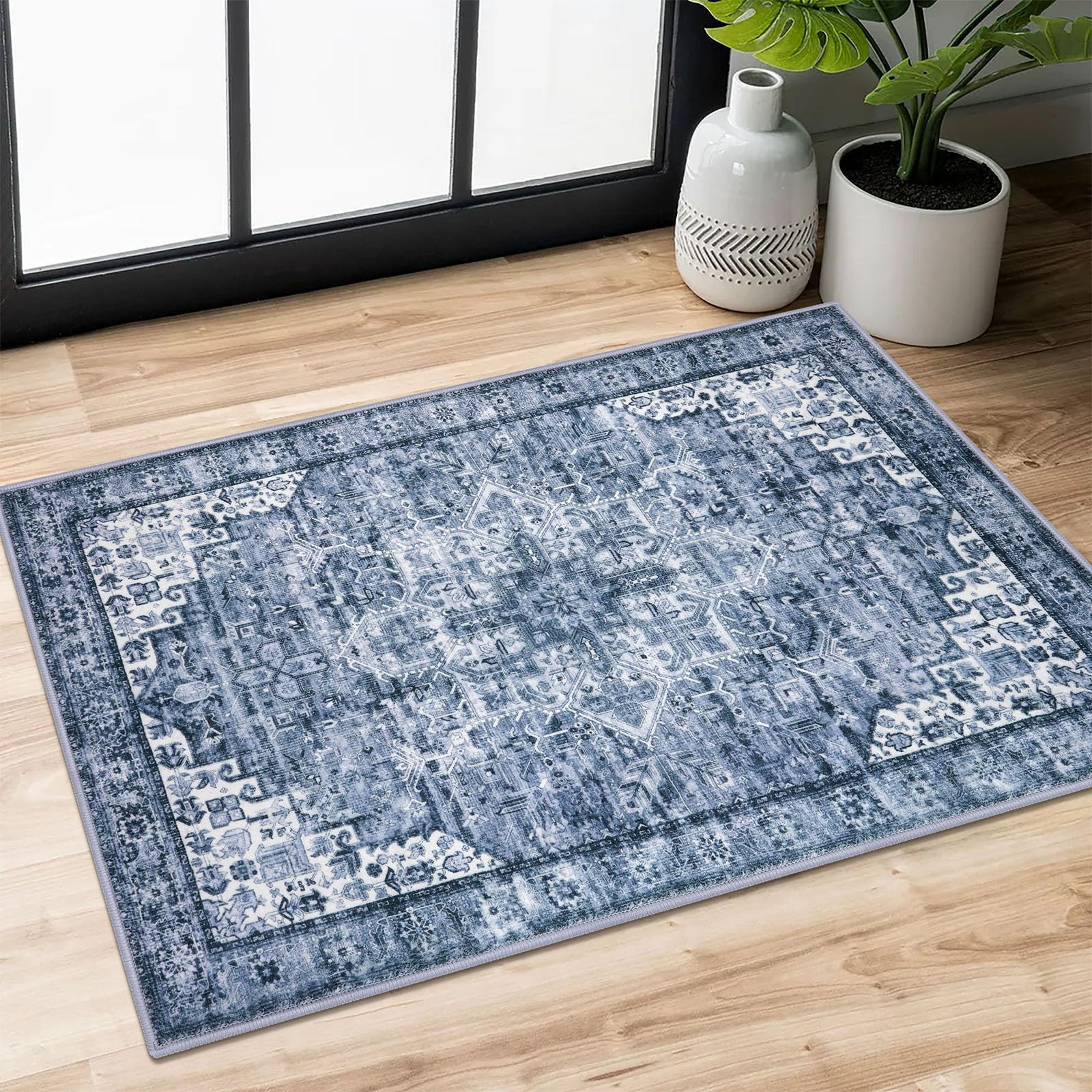2x3 Washable Rug for Entrance, Blue Soft Traditional Area Rug, Non-Slip Printed Kitchen Rugs, Low... | Amazon (US)