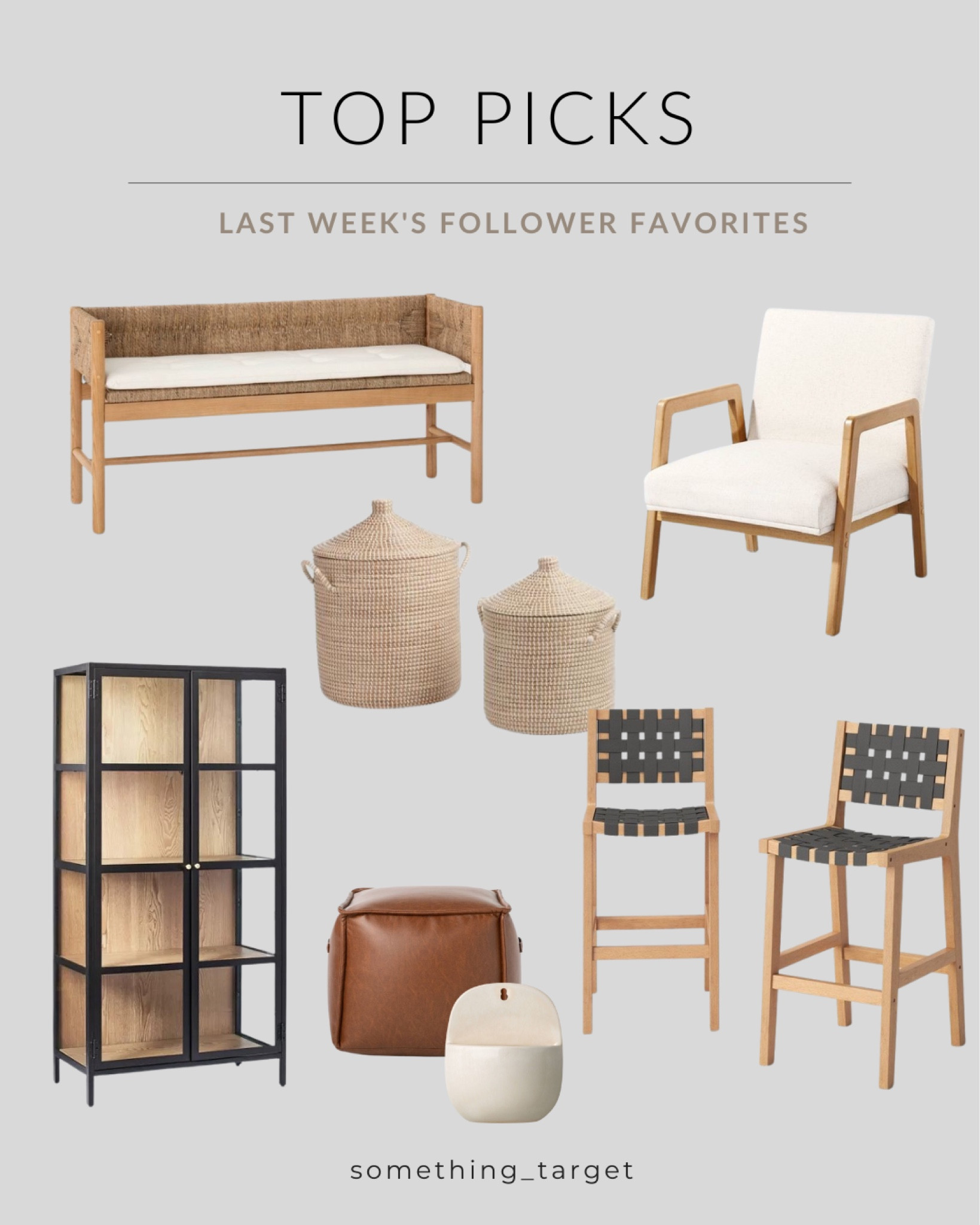 Bench, glass cabinet, seagrass baskets, upholstered chair, barstools, ottoman

#LTKFind #LTKSale #LTKhome