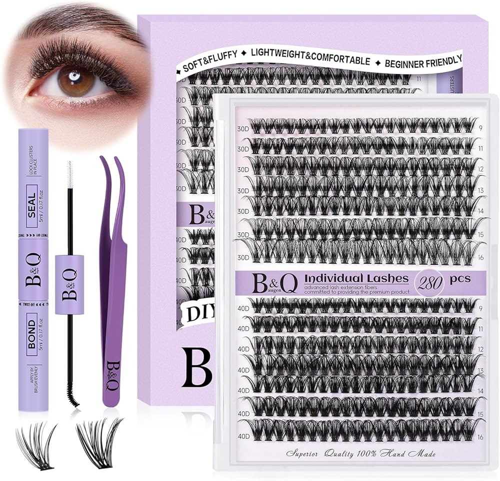 DIY Lash Extension Kit 280pcs Individual Lashes Cluster B&Q D Curl Eyelash Extension Kit Lash Clu... | Amazon (US)