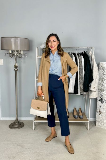 Business casual work outfit 💙🤎

Tan long collarless sweater blazer size xs, size down (fits big)
Blue and white striped collared button up (linked similar)
Navy pants (linked similar)
Classic nude loafers size 6.5, size down half size 

Office outfit 
Work wear 
Classic style 
Preppy style 



#LTKstyletip #LTKworkwear #LTKshoecrush