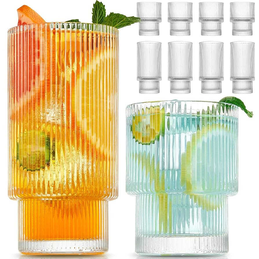 Small 8 Pack Drinking Glasses, 4pcs Highball Glasses (11oz) & 4pcs Rocks Glasses (6oz), Vintage G... | Amazon (US)
