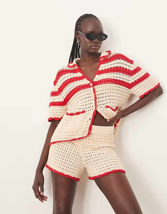 ARRANGE knitted contrast stripe top and short co-ord in cream and red | ASOS (Global)